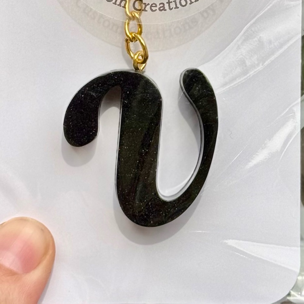 Black w/ Shimmery Gunmetal Look “V” Resin Keychain